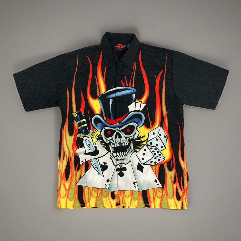 VTG D Clothing Button Shirt Skull Biker Dice Fire Poker Men's Size Medium